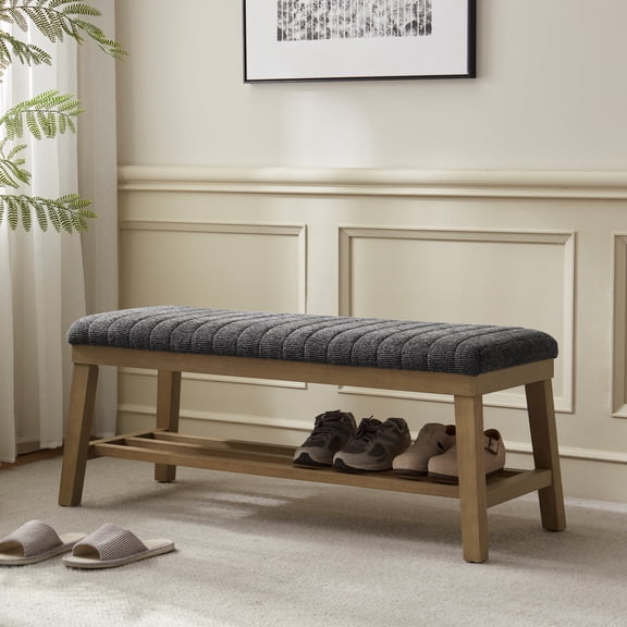 Vknow Furniture Upholstered Open Shelves Bench, Black, 300 lb Limit
