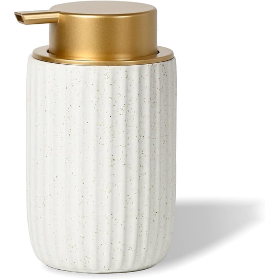 Speckled White Ceramic Foaming Soap Dispenser, 12 oz Refillable Foam Pump with Gold Top for Bathroom Kitchen Sink