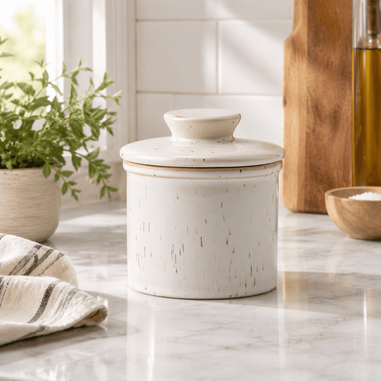 Speckled White Porcelain Butter Crock Countertop Food Storage Container ...