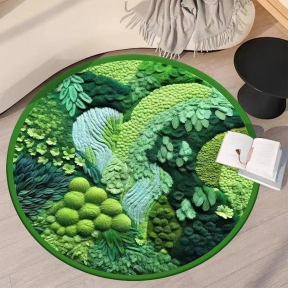 Specollect 1Pcs Modern Round Area Rug,Grass Green Moss Aesthetic Rug for Bedroom Non-Slip Throw Shag Fluffy Carpet Washable Circle Rug for Nursery Room Girls Living Room Playroom Home Dorm Decor