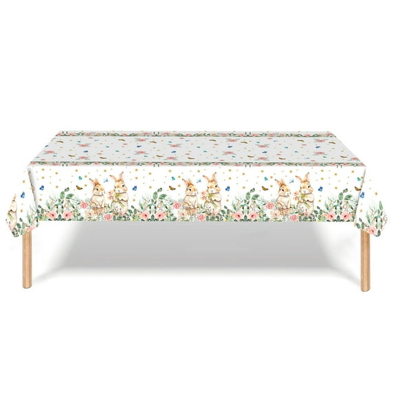 Specollect 2 Pcs Easter Tablecloth with Bunny and Egg Print for Party Dining Decorations, Reusable Washable Holiday Celebration Table Cover
