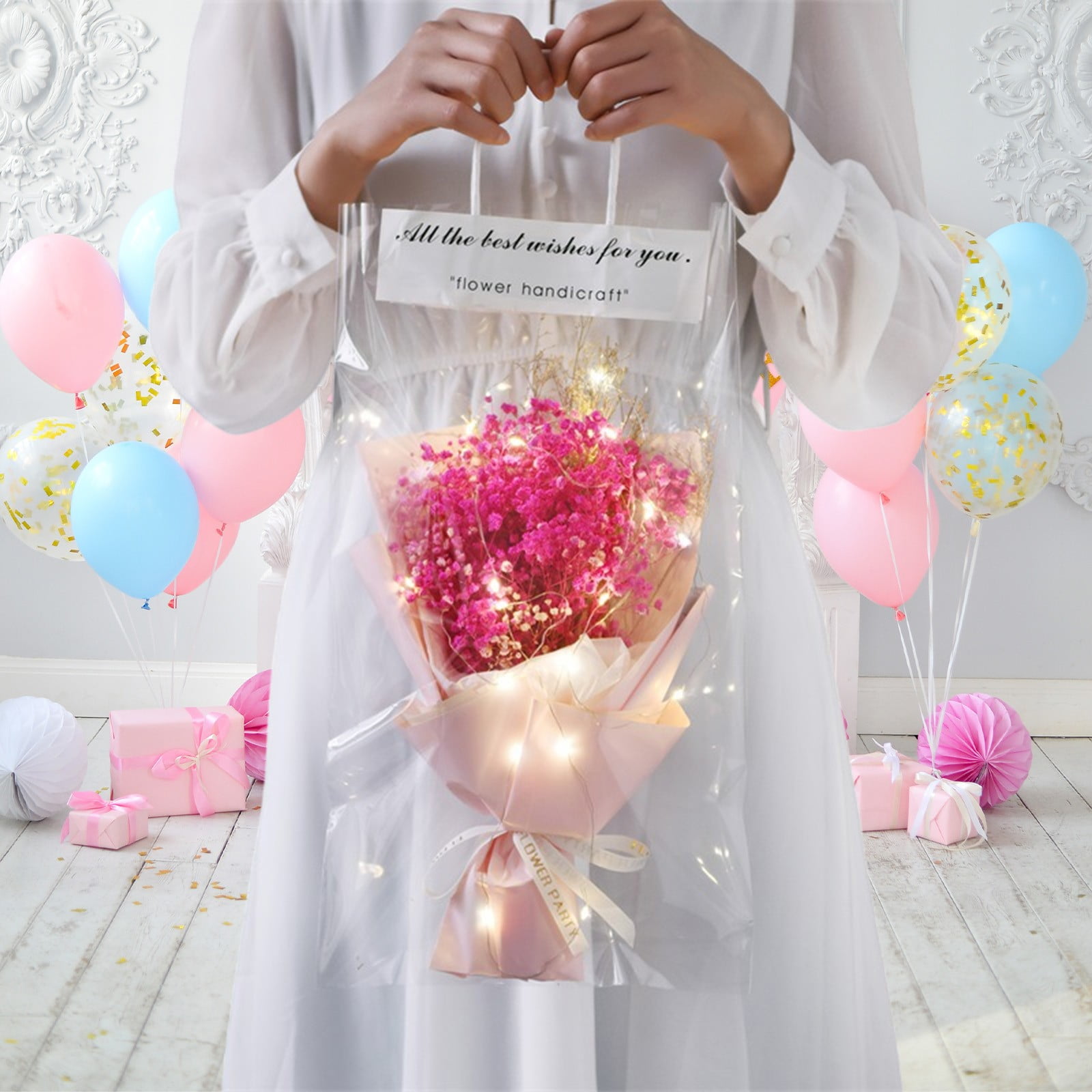 Specollect 3Pcs Beautiful Valentine's Day Dried Flower Bouquet Handbag Gift,Decorative Dried Flower Bouquet with Light,Artificial Soap Flower Bouquets with Handbag,for Valentine's Day and Birthday