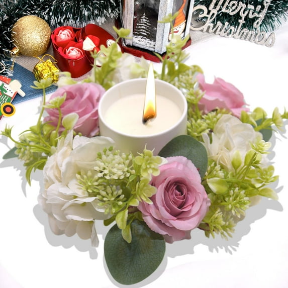 Specollect Artificial Hydrangea Rose Candle Wreath - Reusable Floral Table Decor for Christmas Centerpiece, Fireplace & Wedding