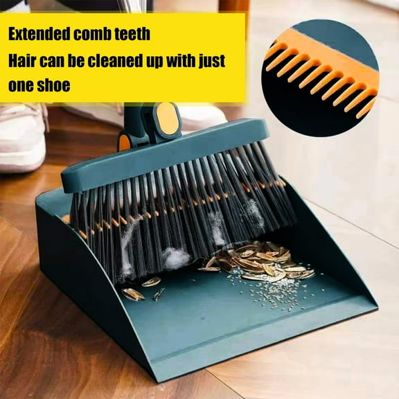 Specollect Broom and Dustpan Set, 180-degree Rotatable Long Adjustable Handle Broom Dustpan Combo with Dustpan Teeth to Automatically Clean Hair Suitable for Home Kitchen Office Hall Floor