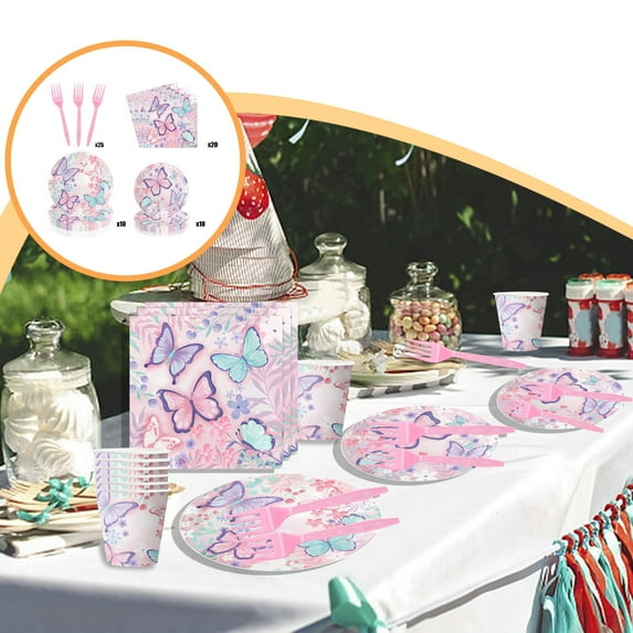 Specollect Clearance 195Pcs Butterfly Birthday Party Plates Napkins Forks Decorations Tableware Set Supplies Disposable Paper Flower and Butterfly Favors,7 Inch Plates 10