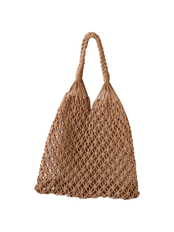 Clearance 1Pcs Crochet Backpack Flap Drawstring Shoulders Bag Summer Beach Woven Tote Bag, Straw Rattan Raffia Bucket Bag, Handmade Basket Handbag