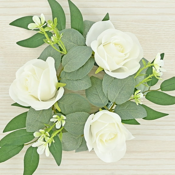 Specollect Clearance 1Pcs Red Rose Candle Rings Wreaths Artificial Flowers with Green Leaves Floral Table Pillar Centerpiece Mini Rings Garland for Wedding Home Party Table Wreath Candle Holder Décor