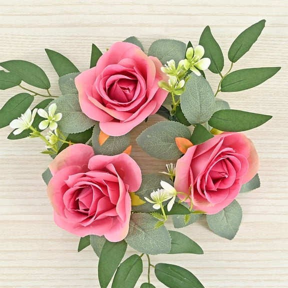 Specollect Clearance 1Pcs Red Rose Candle Rings Wreaths Artificial Flowers with Green Leaves Floral Table Pillar Centerpiece Mini Rings Garland for Wedding Home Party Table Wreath Candle Holder Décor