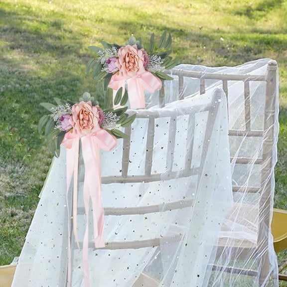Specollect Clearance 3Pcs Wedding Aisle Chair Decorations Silk Rose Chair Back Flowers with Ribbons Chairs Back Pew Flowers Arrangement for Wedding Ceremony Reception Decor