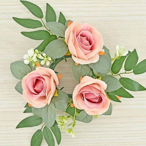 Specollect Clearance 4Pcs Red Rose Candle Rings Wreaths Artificial Flowers with Green Leaves Floral Table Pillar Centerpiece Mini Rings Garland for Wedding Home Party Table Wreath Candle Holder Décor