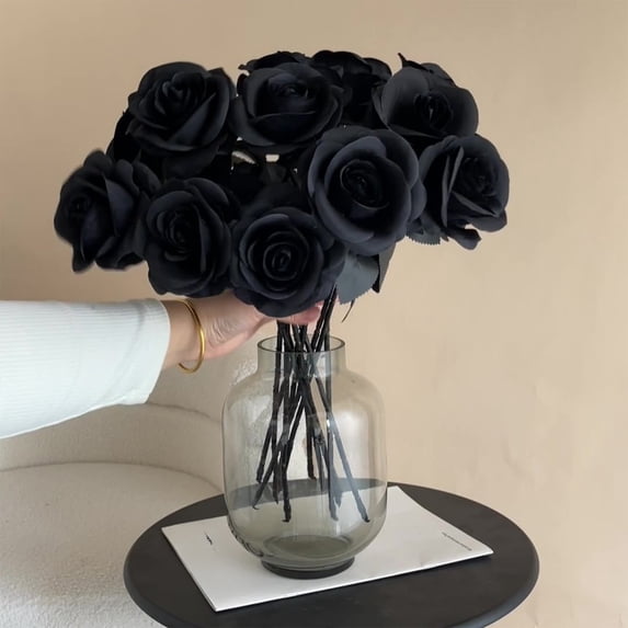 Specollect Gothic Dark Black and White Roses Artificial Flowers with Stems, Faux Silk Flowers Bridal Gothic Wedding Bouquet, Realistic Blossom Flora for Home, Office, Hotel, Halloween Decorations