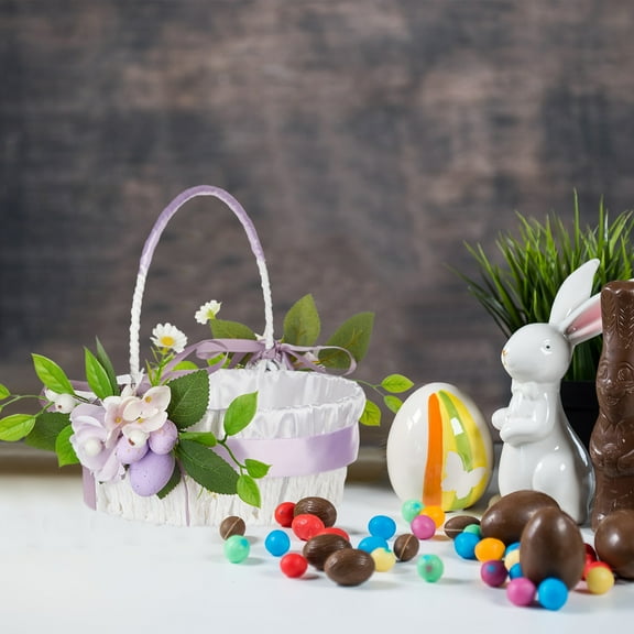Specollect New Easter Portable Wicker Basket with Handle, Woven Flower Girl Baskets with Plastic Liner, Decorative Eggs Candy Storage, Willow Rattan Basket for Wedding, Gifts, Camping, Home Decor
