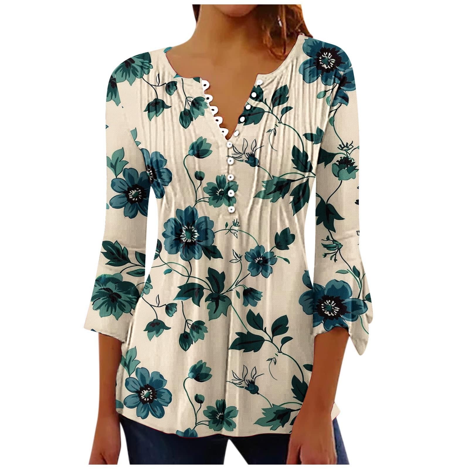 Specollect Women Fashion Floral Printed Button Down Casual V-Neck Long ...