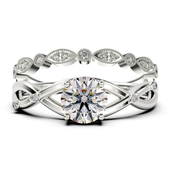 Spectacular And Decorative Rings Boho & hippie 1.60 Carat Round Cut Diamond Moissanite Engagement Ring, Wedding Ring, One Matching Band in 10k Solid White Gold, Promise Ring, Lovely Gift