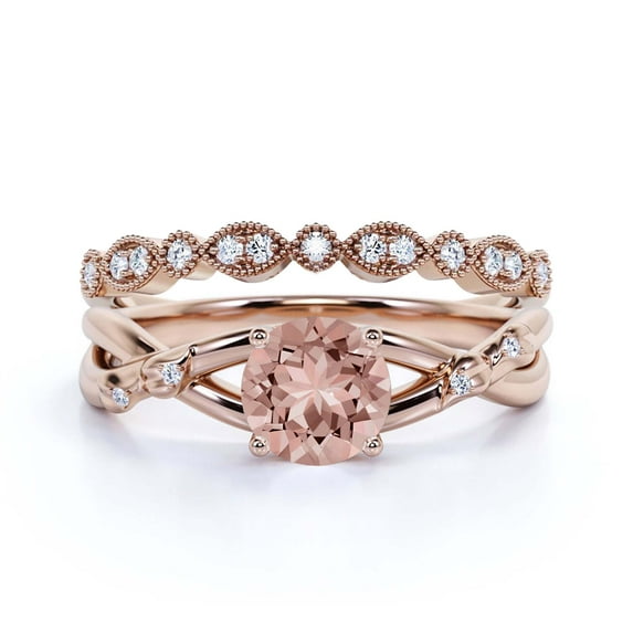 Spectacular And Decorative Rings Boho & hippie 1.60 Carat Round Cut Morganite And Diamond Moissanite Engagement Ring, Wedding Ring, One Matching Band in 10k Solid Rose Gold, Promise Ring, Lovely Gift