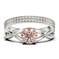 Spectacular And Decorative Rings Boho & hippie 2.10 Carat Round Cut Morganite And Diamond Moissanite Engagement Ring, Wedding Ring, Two Matching Band in 10k Solid White Gold, Promise Ring, Lovely Gift
