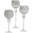 thumbnail image 1 of Spectacular Cape Cod Long Stem Candle Holders, 3 Pieces, Silver Mercury Glass, Mix Match Set, Proportioned at 11 3/4, 9 3/4, and 7 Inches Tall, For Tealight or Votive or Ball Candles, 1 of 7