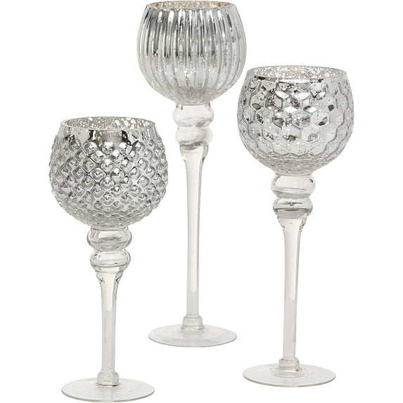 Spectacular Cape Cod Long Stem Candle Holders, 3 Pieces, Silver Mercury Glass, Mix Match Set, Proportioned at 11 3/4, 9 3/4, and 7 Inches Tall, For Tealight or Votive or Ball Candles