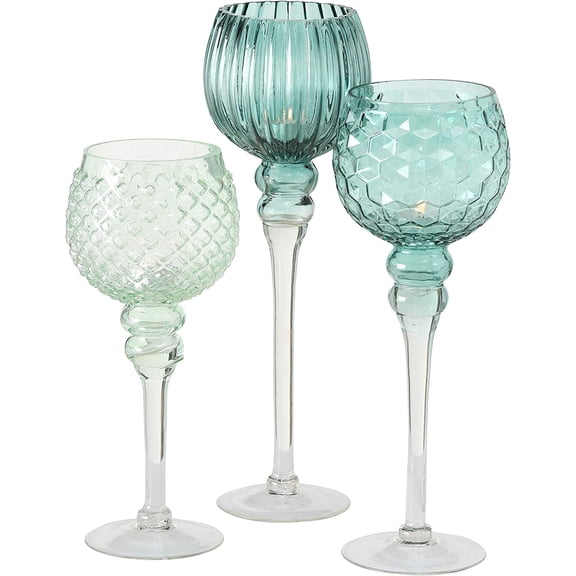 Spectacular Cape Cod Long Stem Candle Holders, Set of 3, Shades of Sky Blue, Quilted, Dimple, and Ripple Glass, 5 Inch Candle Cup for Votive Candles, 15 3/4, 13 3/4 and 11 3/4 Inches Tall