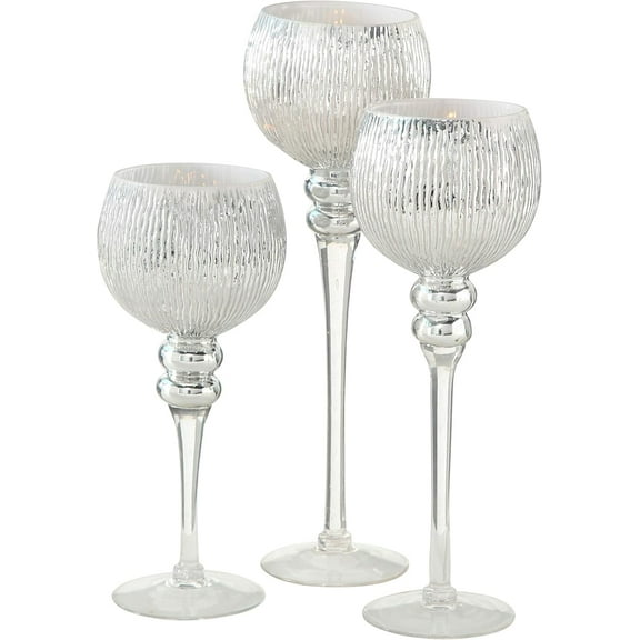 Spectacular Cape Cod Long Stem Candle Holders, Set of 3, Shimmery Silver, Ripple Glass, 5 Inch Candle Cup for Votive Candles, 15.75, 13.75 and 11.75 Inches