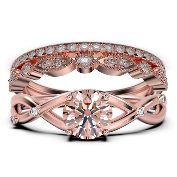 2.10 Carat Round Cut Morganite & Moissanite Engagement Ring in 10k Rose Gold