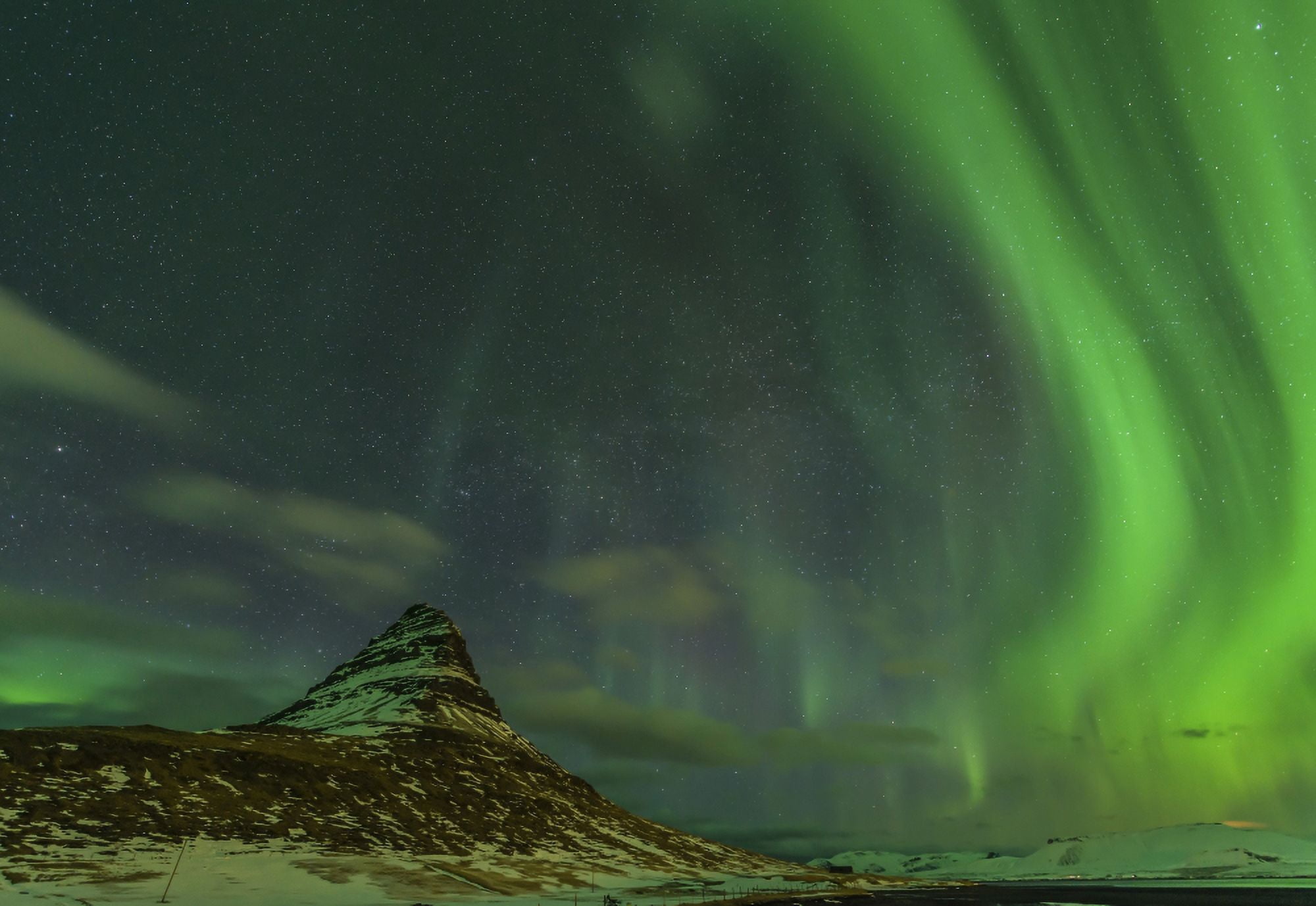 Spectacular northern lights over Mount Kirkjufell in Iceland Canvas Art - John DavisStocktrek Images (70 x 48)