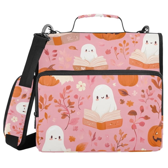 Specters Reading Books Pumpkins Halloween Binder Bag with Shoulder Strap 3 Ring Zipper Binder File Folder Document Storage