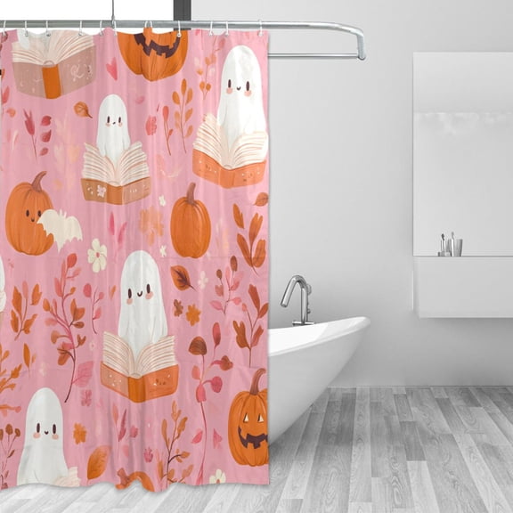 Specters Reading Books Pumpkins Halloween Shower Curtains with 12 Hooks Waterproof Bathroom Decor 66" x 72"