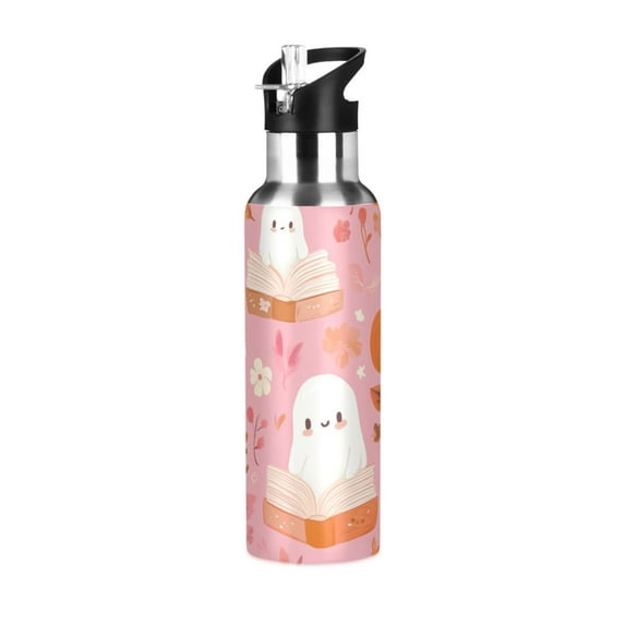 Specters Reading Books Pumpkins Halloween Sports Bottle with Straw Stainless Steel Water Jug Portable Thermal Cup Leak-proof 1000ML