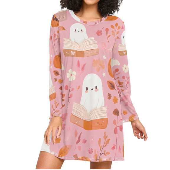 Specters Reading Books Pumpkins Halloween Women's Long Sleeves Nightgowns Sleepwear Soft Pajama A-line Sleep Dress XL