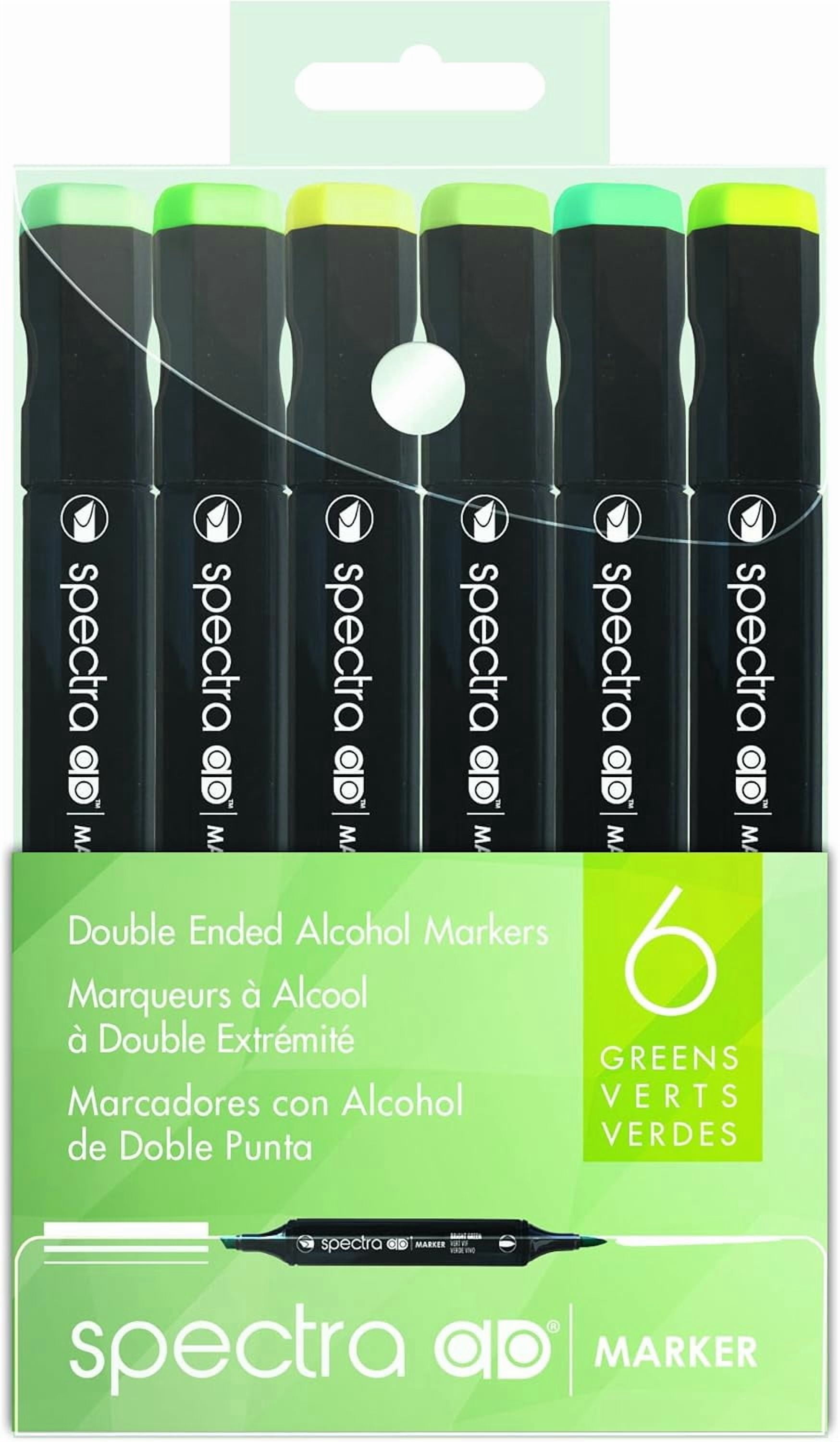 Spectra AD Marker, Tri-Nib & Brush Dual-Tip, 6 Assorted Green Color Set in Plastic Case, 1 Each