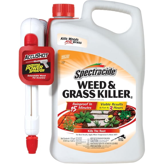 Spectracide Weed & Grass Killer, 1.33 Gallons, With AccuShot Continuous Power Sprayer Kills Broadleaf Weeds and Grasses Down to the Root, Rainproof in 15 Minutes with Visible Results 3 Hours