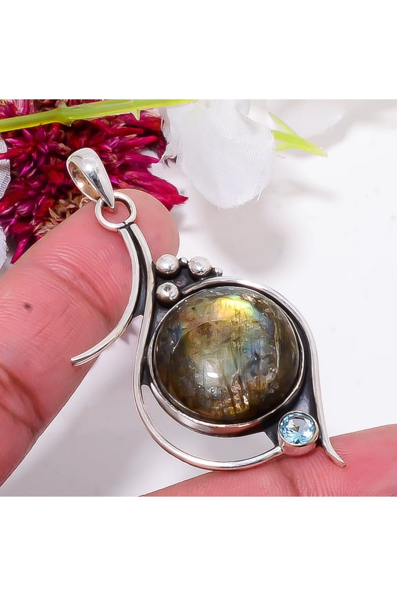 Spectrolite Labradorite & Aquamarine 925 Sterling Silver Pendant 2.42", Labradorite Pendant, Gemstone Pendant