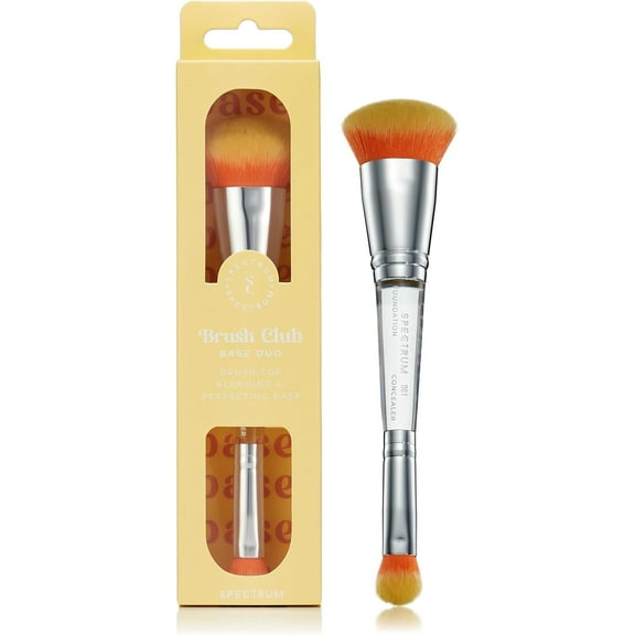 Spectrum Collections Brush Club Double Ended Face Make Up Brush, Spectrum Dual Makeup Brush for Foundation and Concealer Buffing with Hypoallergenic Bristles, Yellow Orange Duo Makeup Brush