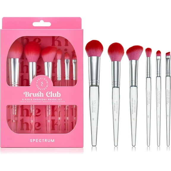 Spectrum Collections Brush Club Make Up Brushes, Spectrum Makeup Brushes Set Including Face Brushes and Eye Brushes with Hypoallergenic Bristles, Pink 6 Piece Makeup Brush Set