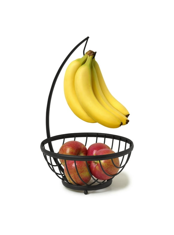 Spectrum Diversified Ashley Wire Metal Fruit Tree Basket Holder, Kitchen Countertop Fruit Bowl with Banana Hanger, Black