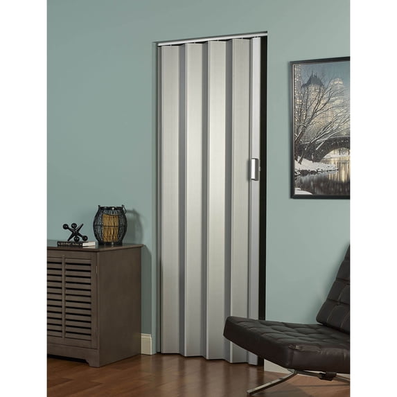 Spectrum Elite 36 in. x 96 in. Vinyl Accordion Folding Closet Door, Retractable Room Divider, Trim to Fit, Reversible, Satin Silver
