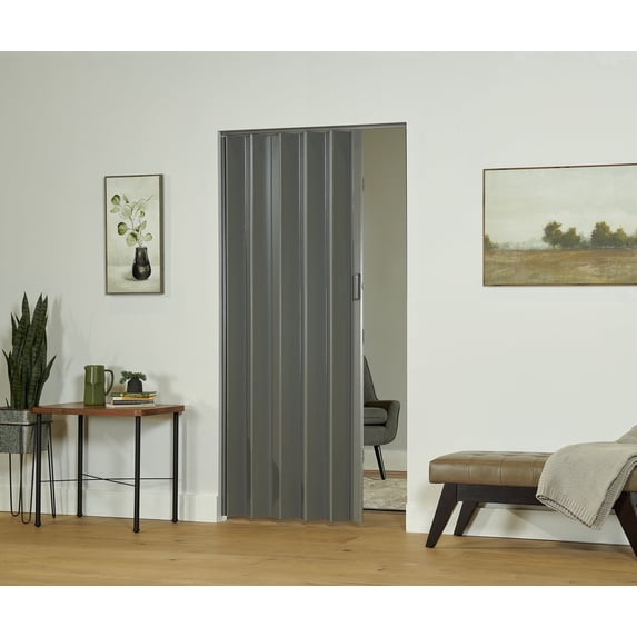 Spectrum Elite 48 in. x 80 in. Vinyl Accordion Folding Closet Door, Retractable Room Divider, Trim to Fit, Reversible, City Grey