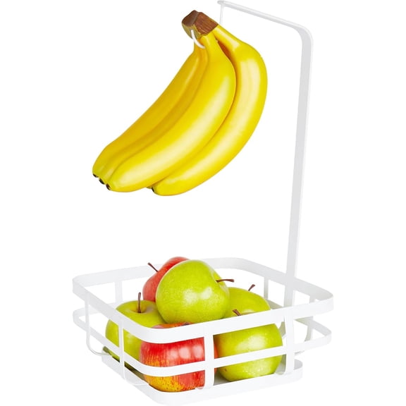 Spectrum Fruit Basket with Banana Hanger White, Modern Steel Wire Storage for Kitchen Counter, Scandinavian Fruit and Vegetable Basket with Banana Hook, Space Saving Kitchen Countertop Storage
