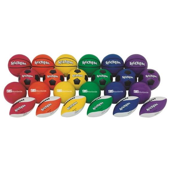 Spectrum Intermediate Size Rubber Basketball, Soccer, Football, and Volleyball Rubber Sports Ball Easy Pack of 24 Balls.