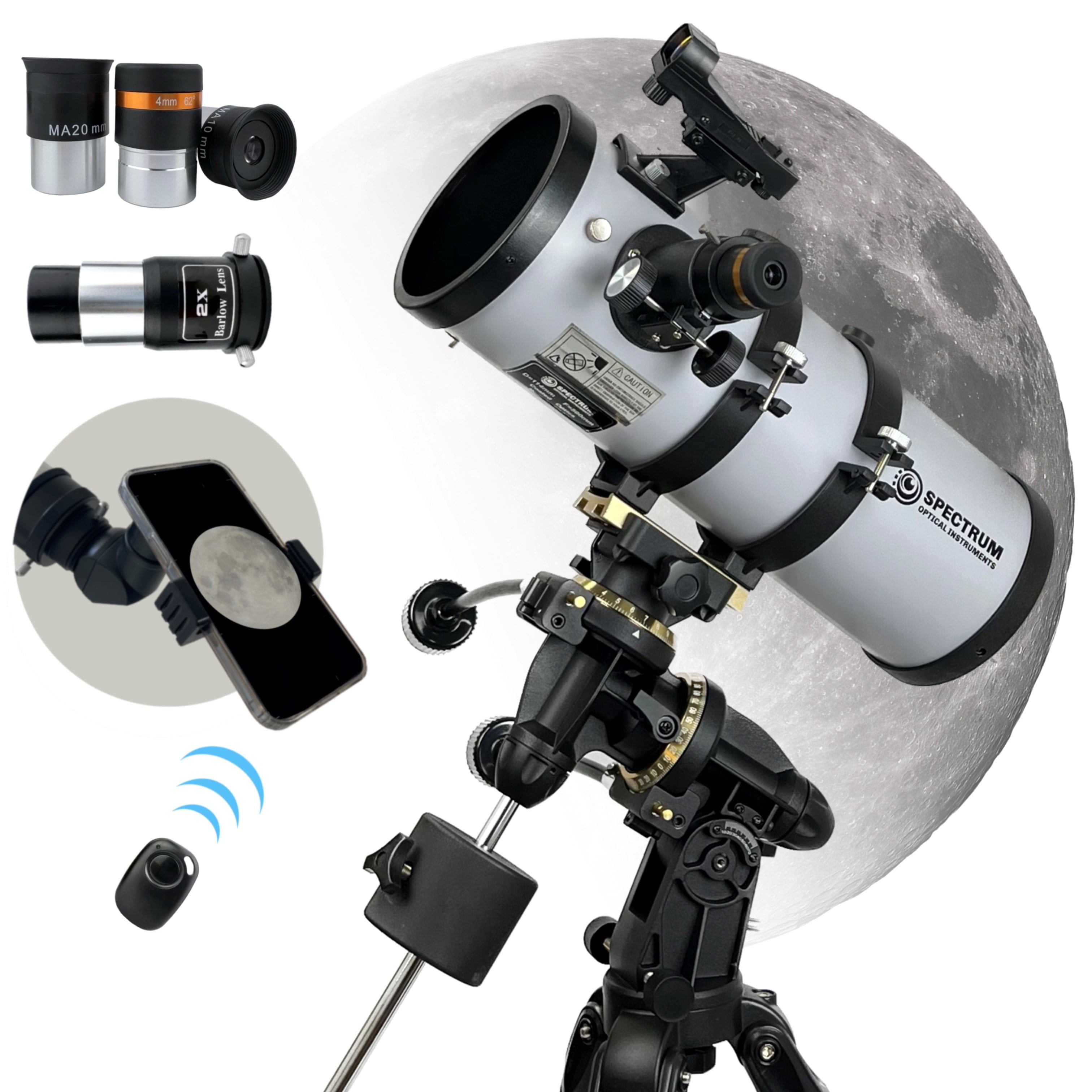 Spectrum Optical Instruments - PolarPlus 114EQ (4.5 inch) Professional Equatorial Reflector Telescope - Smartphone Adapter and Remote Shutter - Compact and Portable