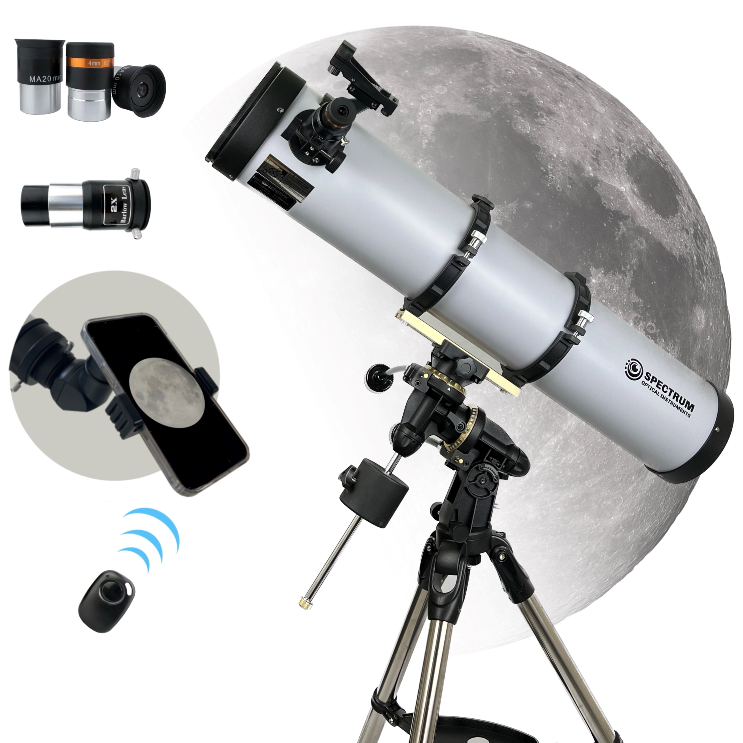 Spectrum Optical Instruments - PolarPlus 130EQ (5.1 inch) Professional Equatorial Reflector Telescope 45X -550X Zoom Smartphone Adapter and Remote Shutter - Compact and Portable