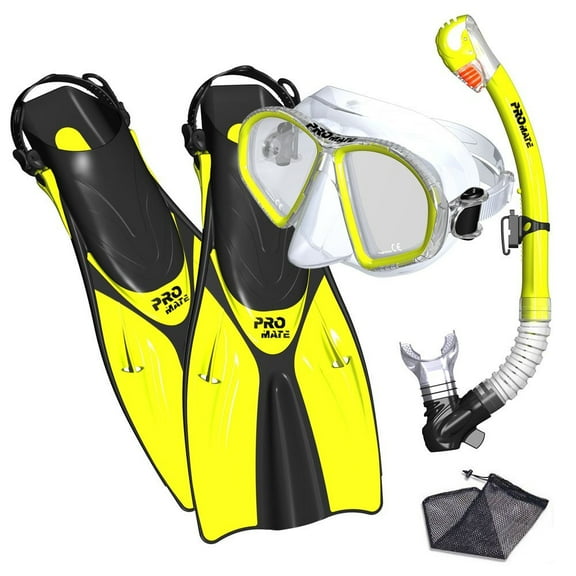 Spectrum Snorkeling Gear Set for Adult Dive Mask Dry Snorkel Flippers by Promate, Yellow, SM