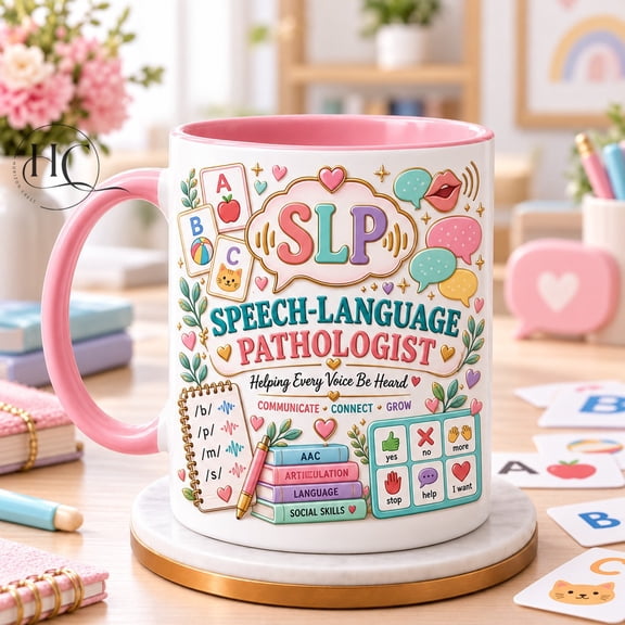 Speech-Language Pathologist Coffee Mug, Communication Bubbles and Alphabet Cards for Therapy Breaks