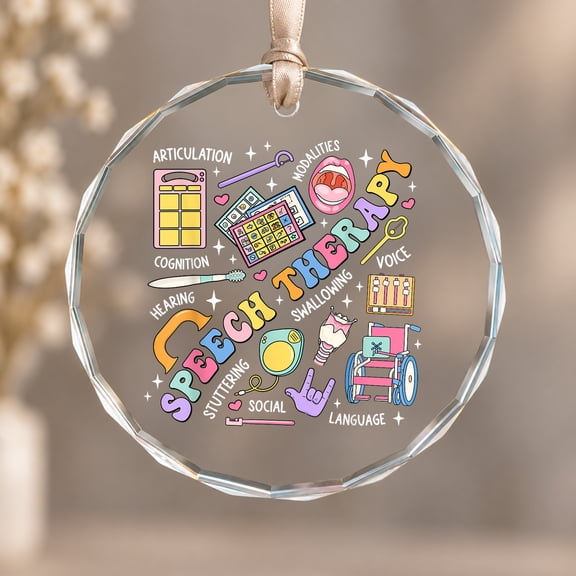 Speech Therapy Retro Groovy Speech Language Pathologist Christmas Ornament, Holiday Keepsake Gift, Circle Glass Ornament