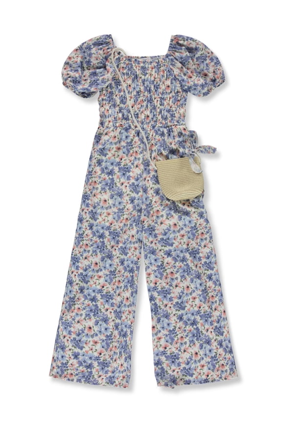 Girls' 2-Piece Floral Jumpsuit Handbag Set Color: ivory Size: 7