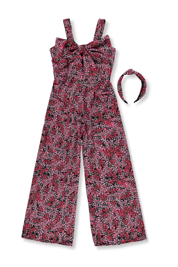 Girls' 2-Piece Floral Jumpsuit Headband Set Color: black/red Size: 12