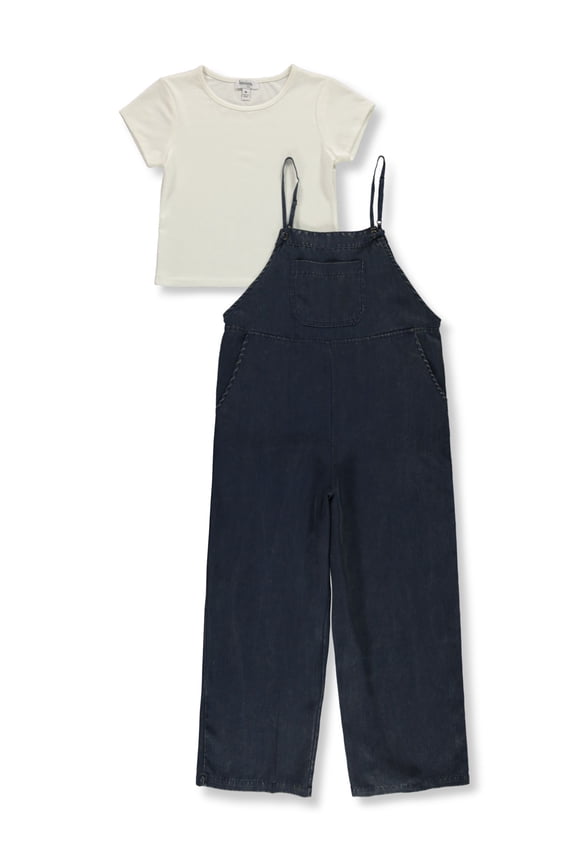 Girls' 2-Piece Overalls T-Shirt Set Outfit Color: navy Size: 12 - 14