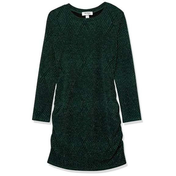 Speechless Girls' Long Sleeve Glitter Knit Ruched Party Dress, Hunter, 7