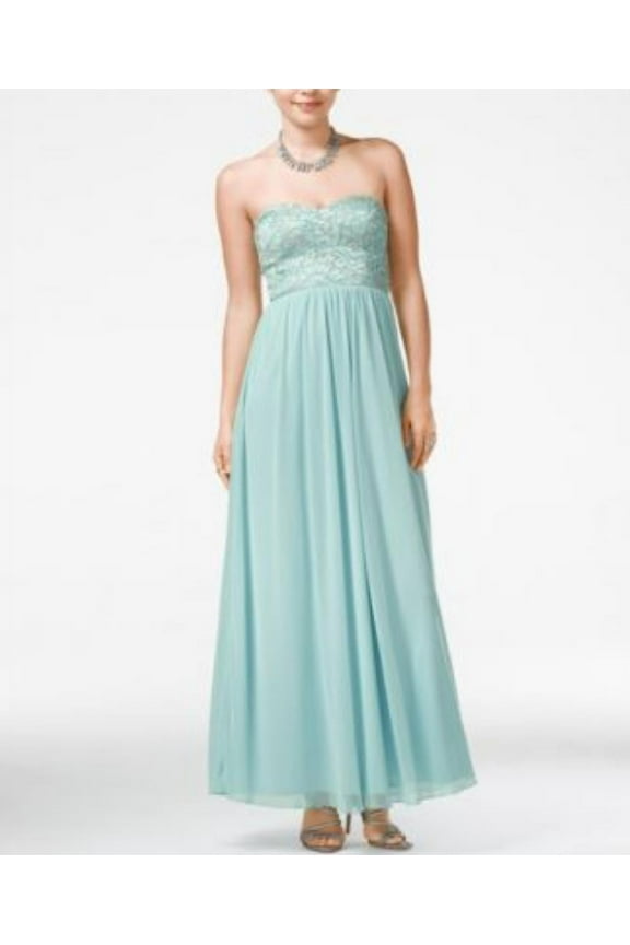 Juniors’ Strapless Lace Embellished Gown Dress, Antique Blue, 1